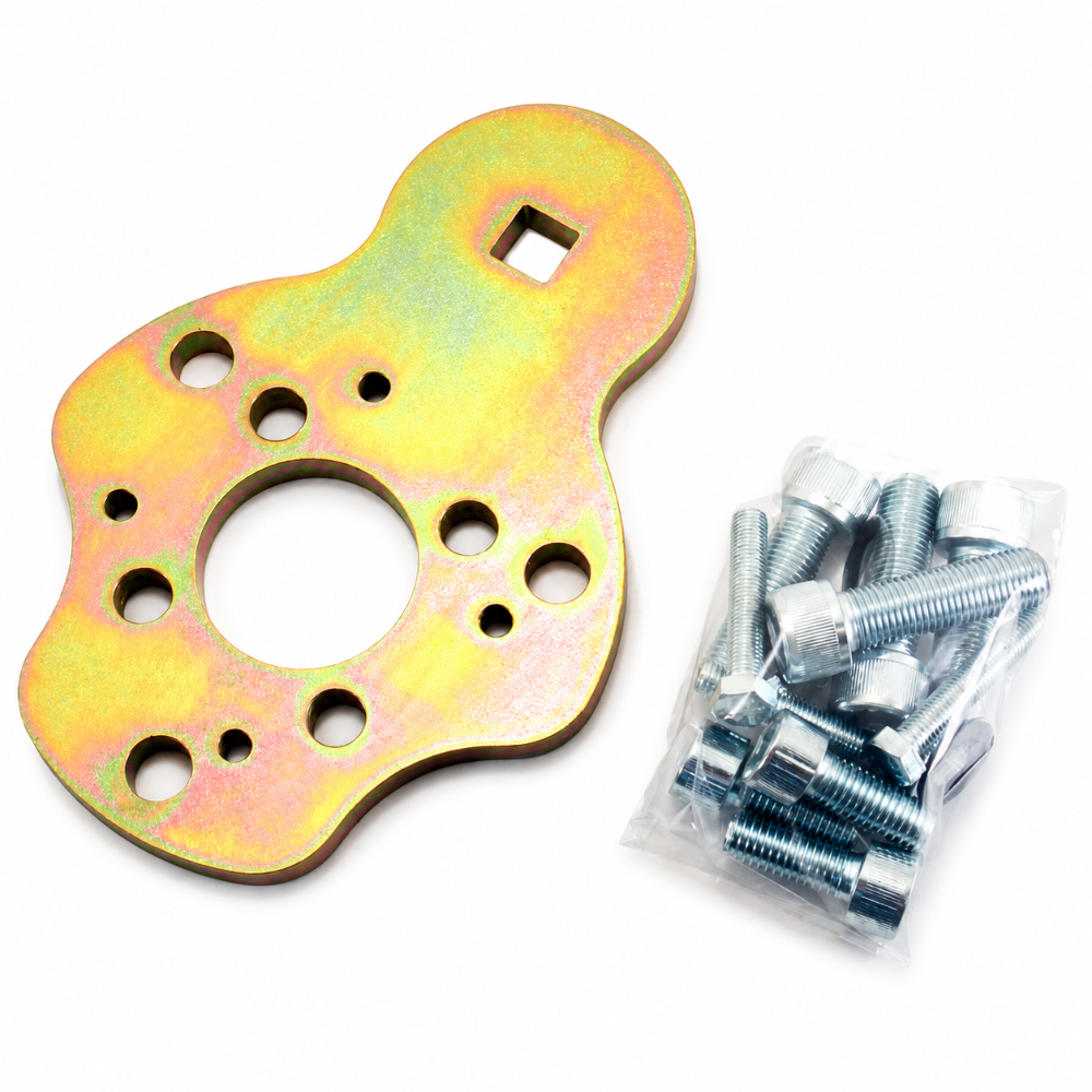 GrimmSpeed GRMGRM095011 gold crank pulley tool plate with mounting bolts, washers, and spacers