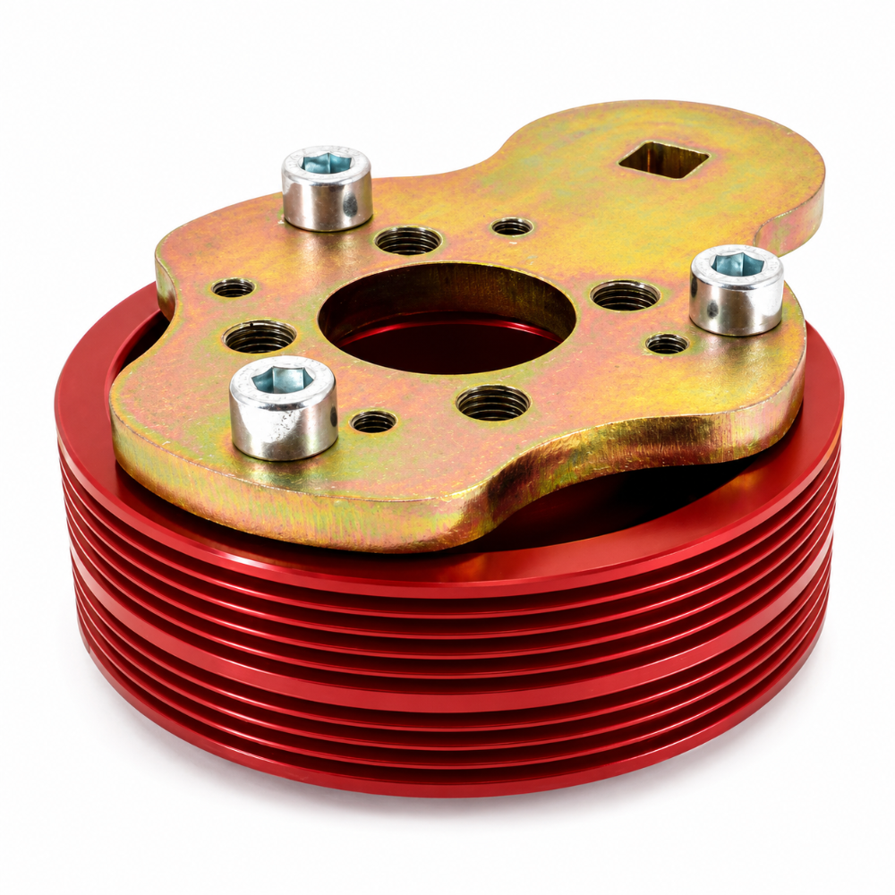 GrimmSpeed GRMGRM095011 removal tool mounted to a red Subaru lightweight crank pulley