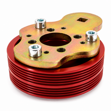 Load image into Gallery viewer, GrimmSpeed GRMGRM095011 removal tool mounted to a red Subaru lightweight crank pulley