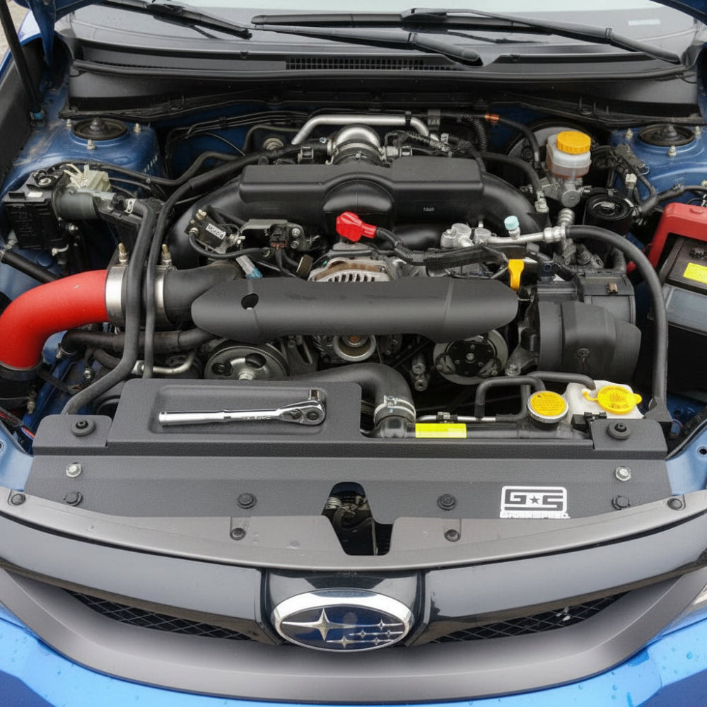 GrimmSpeed radiator shroud installed with tool tray detail