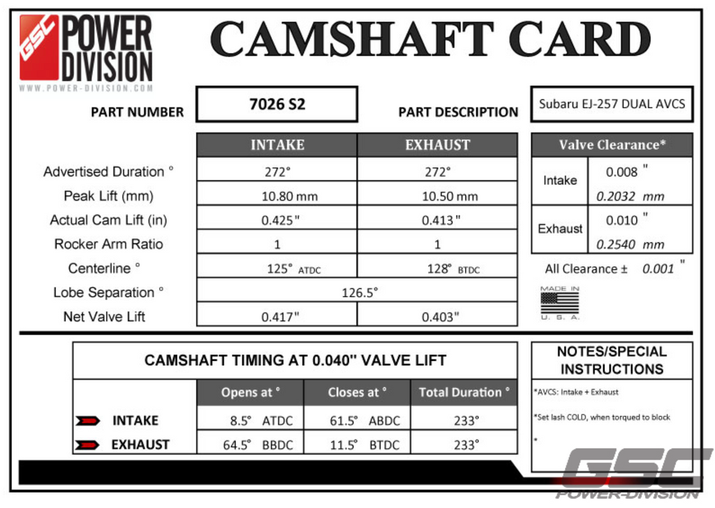 GSC P-D 08+ Subaru STI S2 Cams 272/272 Billet Right Exhaust Cam Only - GSC Power Division 7026S2REX