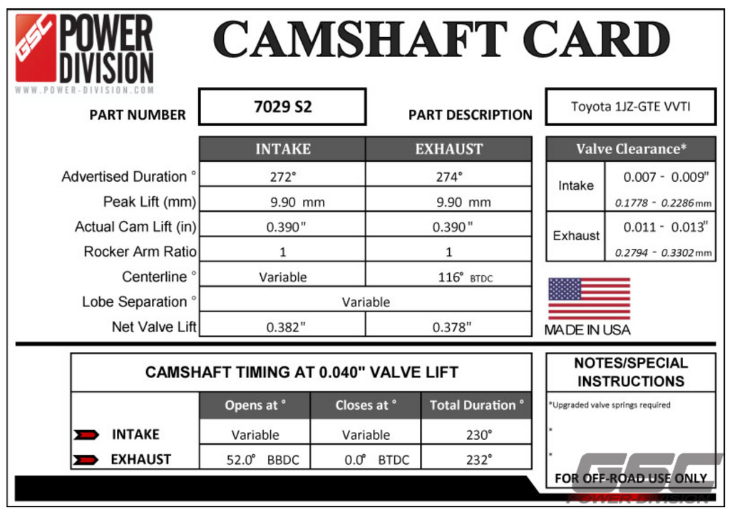 GSC P-D Toyota 1JZ-GTE VVTi S2 Camshafts 272/274 Billet - GSC Power Division 7029S2