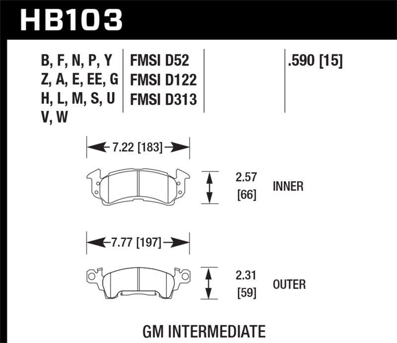 Hawk 76-77 Chevrolet Camaro LT / 72 Camaro Z28 / 69-81 Camaro Super Duty Street Front Brake Pads - Hawk Performance KHB103P.5