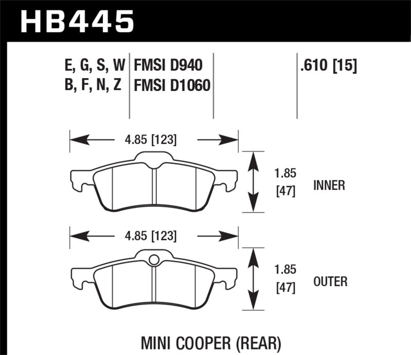Hawk 02-06 Mini Cooper / Cooper S HP+ Street Rear Brake Pads - Hawk Performance KHB445N.610