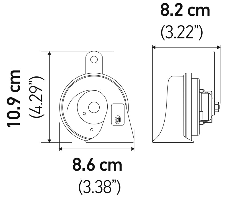Dimensional diagram of HELLA Toyota horn showing width, height, and depth