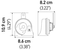 Load image into Gallery viewer, Dimensional diagram of HELLA Toyota horn showing width, height, and depth