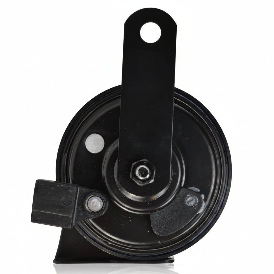 Rear view of HELLA black Toyota vehicle horn with mounting bracket