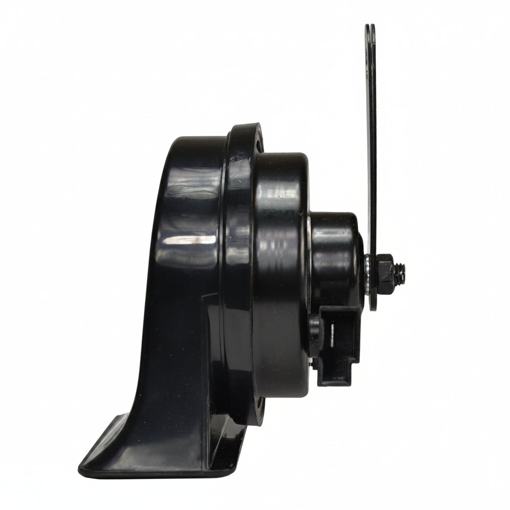 Side view of HELLA black Toyota vehicle horn with mounting bracket
