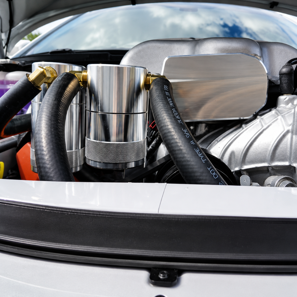 Billet Technology bypass valve cover installed on Hellcat, Demon, and Trackhawk supercharger assembly