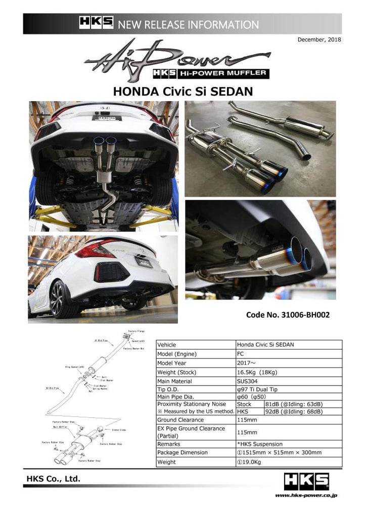 HKS 17+ Honda Civic Si Sedan (FC) Hi-Power Muffler Exhaust - Black Ops Auto Works