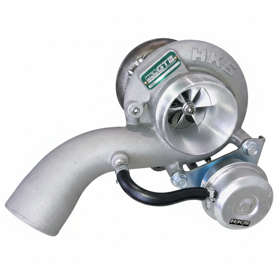 HKS GTIII-RS turbo unit, angled view showing compressor housing and HKS logo