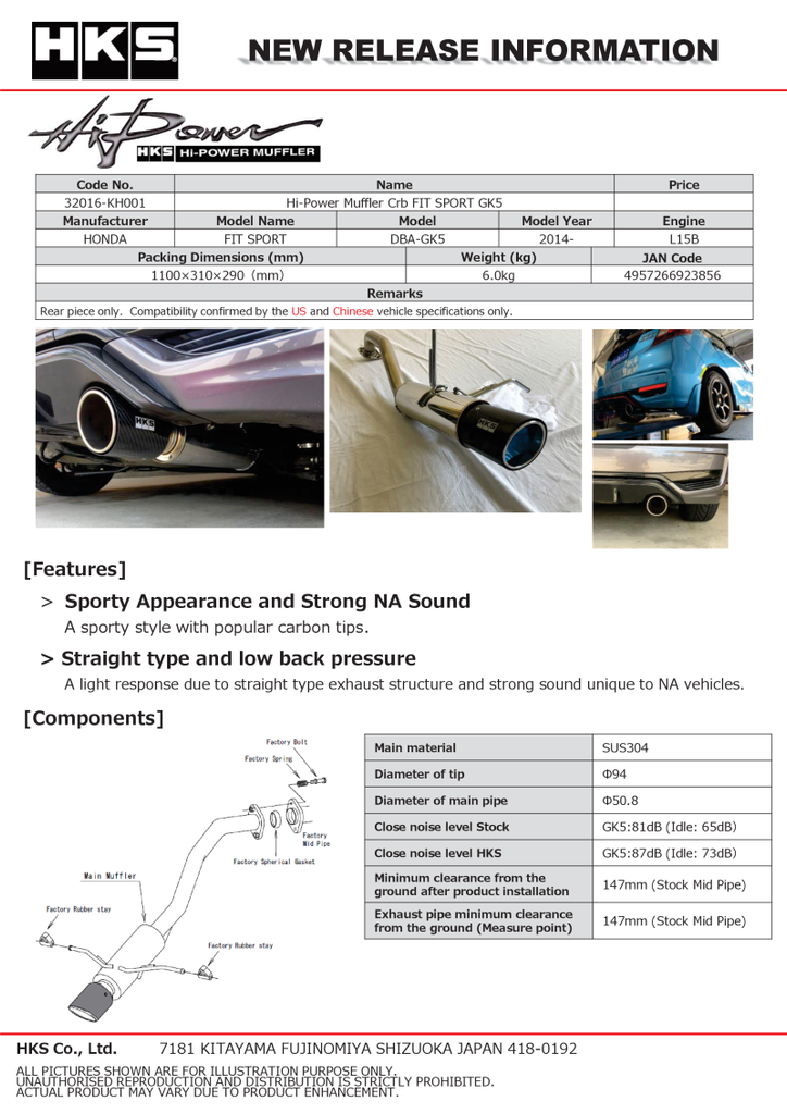 HKS Hi-Power Muffler 2014+ Honda Fit Sport GK5 w/ Carbon Tips - Black Ops Auto Works