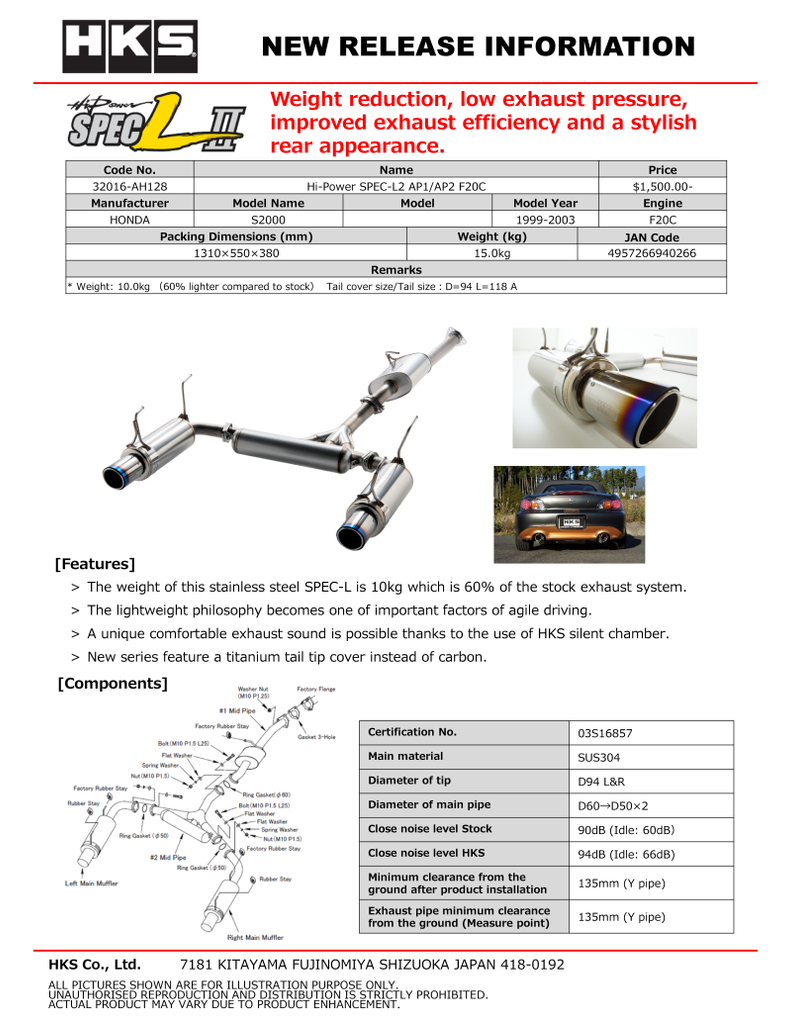 HKS Hi-Power Muffler SPEC-L II - AP2 F22C S2000 Honda - Black Ops Auto Works