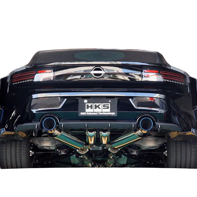 Underside view of HKS cat-back exhaust fitment on Nissan Z RZ34