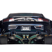 Load image into Gallery viewer, Underside view of HKS cat-back exhaust fitment on Nissan Z RZ34