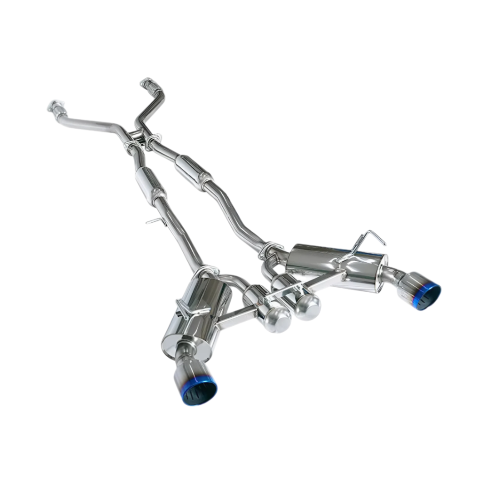 Rear view of HKS quad burned titanium tips on Nissan Z exhaust