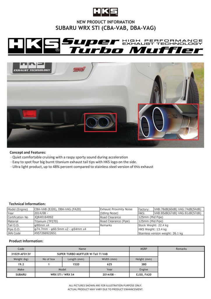 HKS SUPER TURBO MUFFLER  Ti Subaru VAB WRX STI/VAG WRX S4 - Black Ops Auto Works