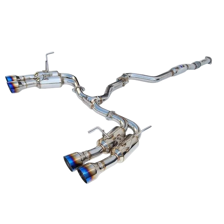 Side view Invidia R400 exhaust flat-bottom muffler and polished piping  