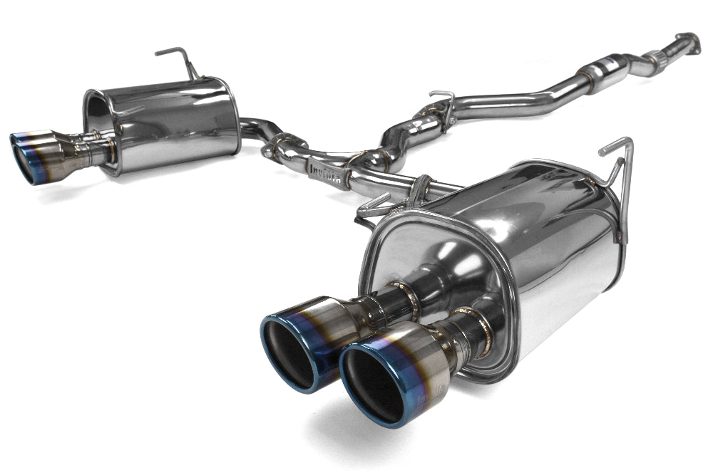 Side view of Invidia Q300 exhaust showing mandrel-bent piping and flat-bottom muffler  