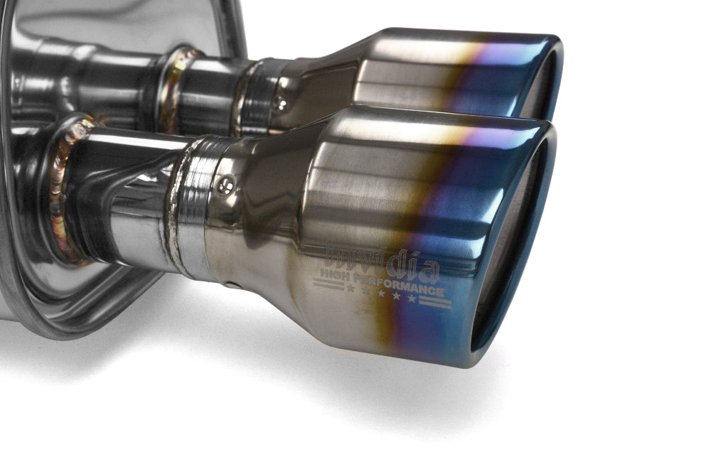 Close-up of burnt titanium rolled quad tips on Invidia Q300 cat-back  