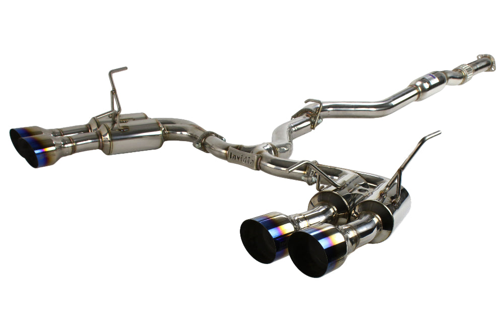 Side profile of Invidia R400 exhaust showing mandrel-bent piping and flat-bottom muffler  
