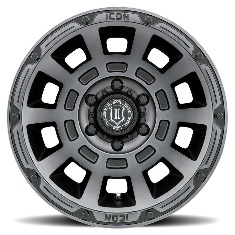 ICON Thrust 17x8.5 6x5.5 0mm Offset 4.75in BS 106.1mm Bore Smoked Satin Black Wheel ICON ICO2817858347SSBT