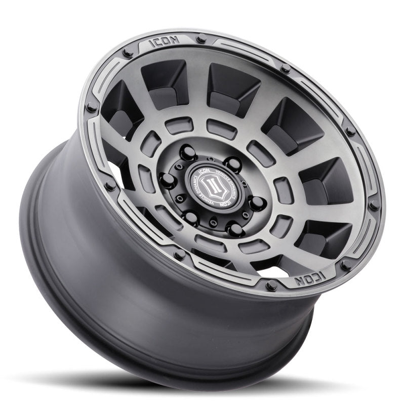 ICON Thrust 17x8.5 6x5.5 0mm Offset 4.75in BS 106.1mm Bore Smoked Satin Black Wheel ICON ICO2817858347SSBT