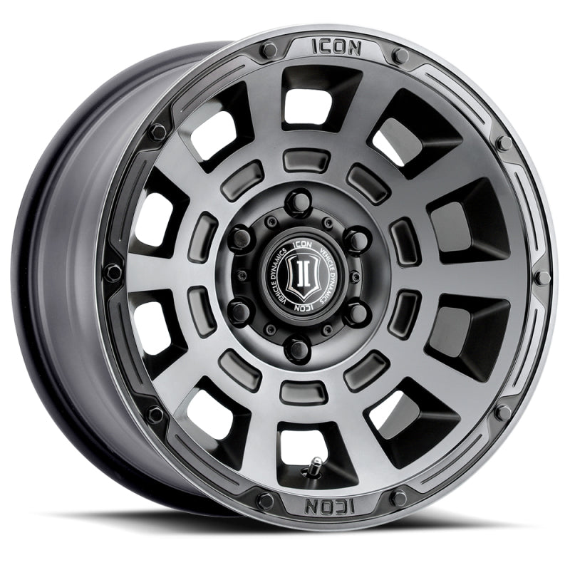 ICON Thrust 17x8.5 6x5.5 0mm Offset 4.75in BS 106.1mm Bore Smoked Satin Black Wheel ICON ICO2817858347SSBT