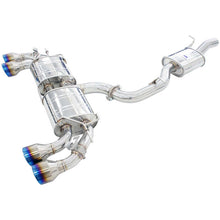 Load image into Gallery viewer, Invidia R400 exhaust angled view showing full piping from front pipe to quad tips