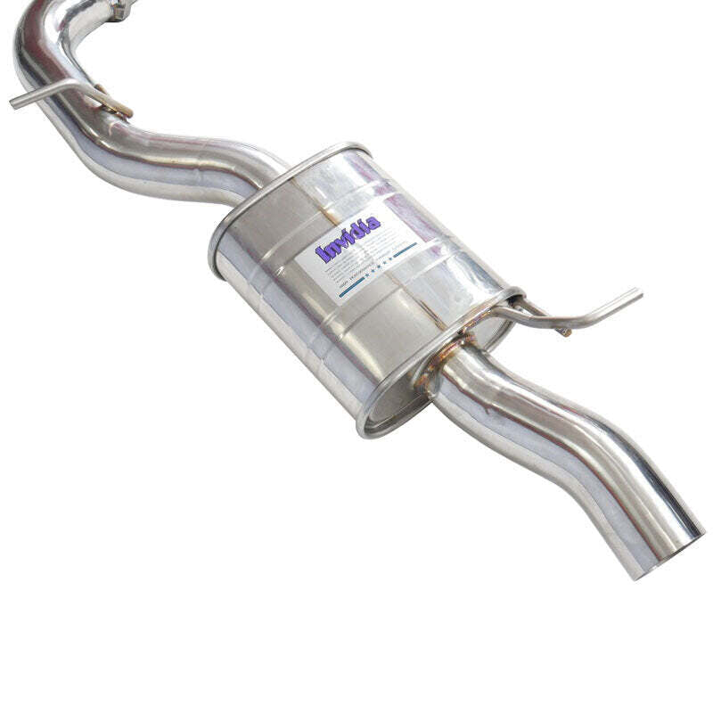 Close-up of the Invidia muffler body with brand logo label and piping welds