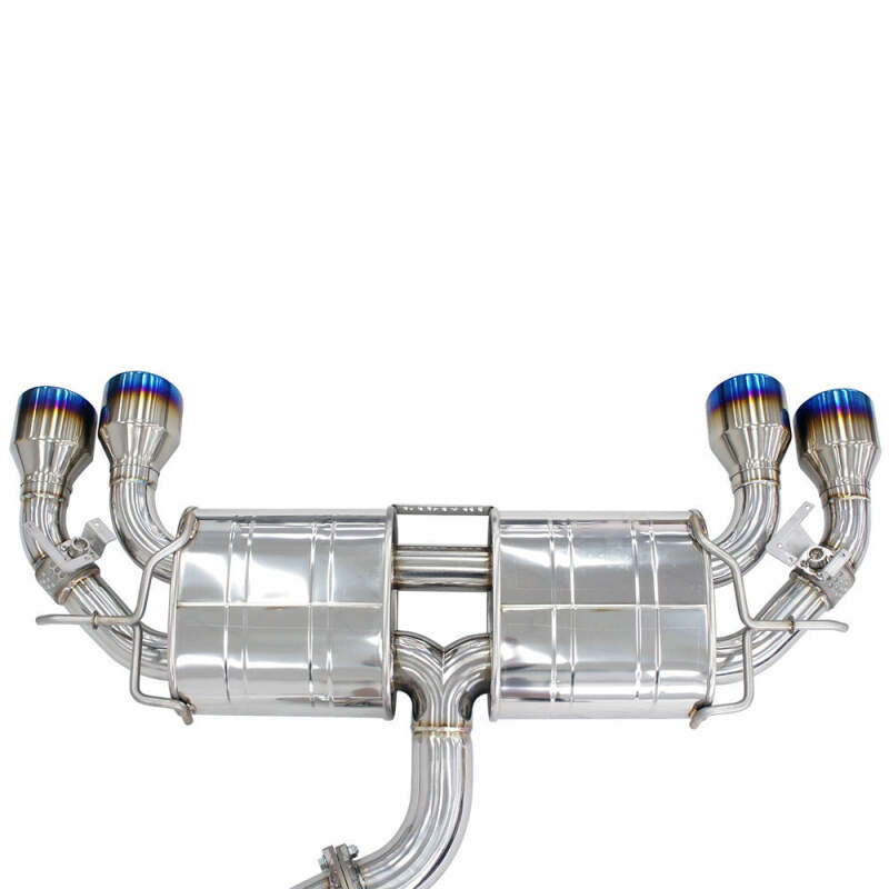 Invidia R400 exhaust rear view showing dual muffler and four burnt titanium exhaust tips