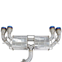Load image into Gallery viewer, Invidia R400 exhaust rear view showing dual muffler and four burnt titanium exhaust tips