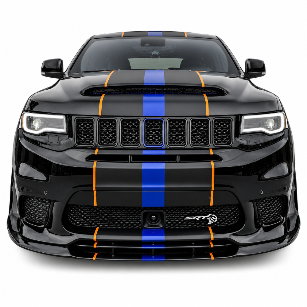 Carbon fiber front lip splitter installed on Jeep Grand Cherokee Trackhawk for aggressive aerodynamic styling