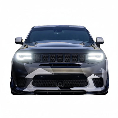 Dark camouflage wrapped Jeep Grand Cherokee WK2 rendered head on with the CFR carbon fiber hood fitted