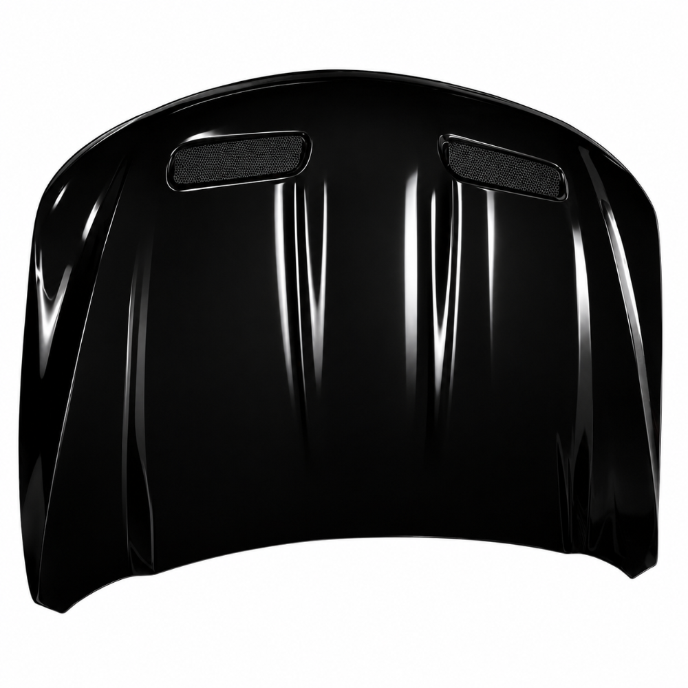 Gloss black gel coat Redeye hood photographed from above showing the twin extractor openings