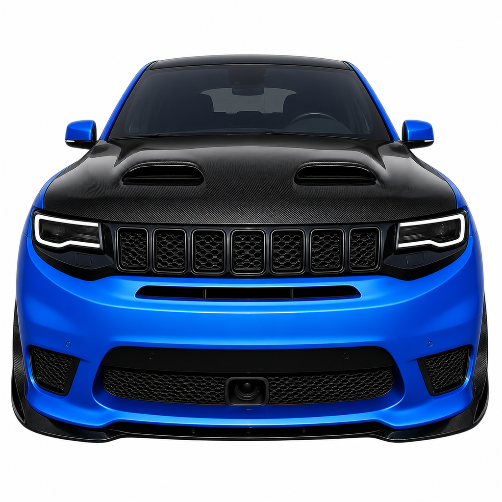 Blue Jeep Grand Cherokee Trackhawk photographed head on with the black Redeye hood fitted