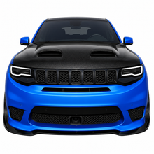 Load image into Gallery viewer, Blue Jeep Grand Cherokee Trackhawk photographed head on with the black Redeye hood fitted