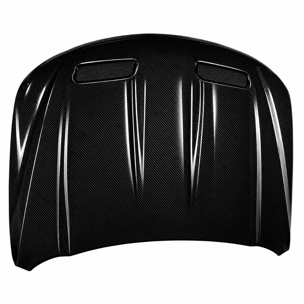 Carbon fiber Redeye hood photographed from above showing the twin extractor openings and centre bulges