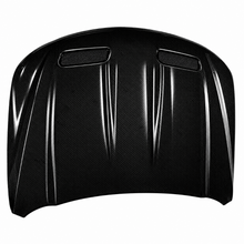 Load image into Gallery viewer, Carbon fiber Redeye hood photographed from above showing the twin extractor openings and centre bulges