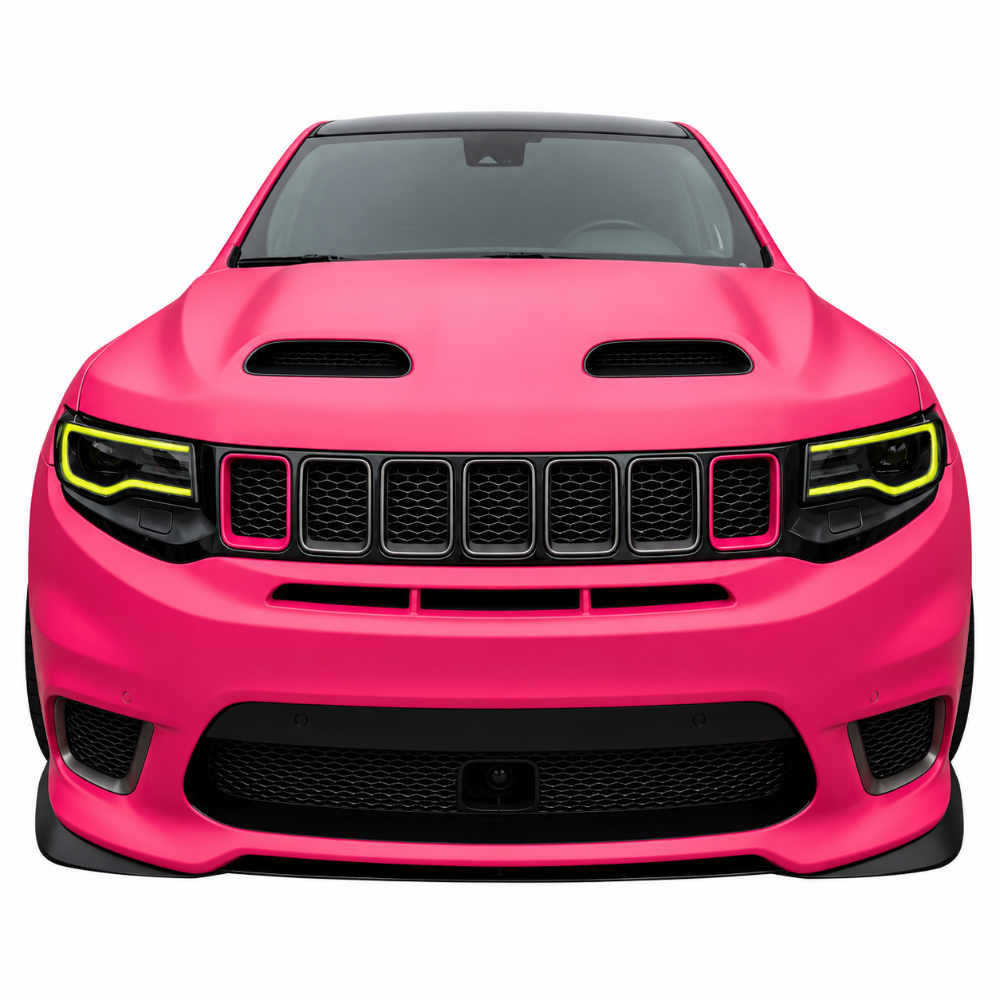 Pink Jeep Grand Cherokee Trackhawk photographed head on with a body matched Redeye hood fitted