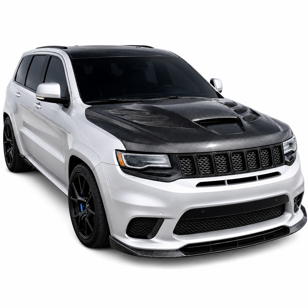 White Jeep Grand Cherokee SRT front three quarter view with the carbon Sniper hood installed
