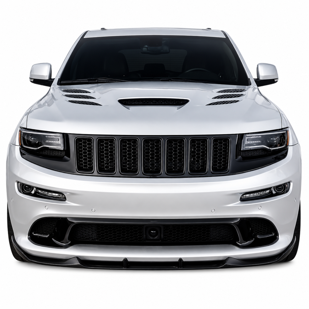 White Jeep Grand Cherokee SRT photographed head on with the louvred Sniper hood fitted