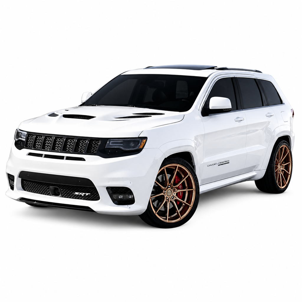 White Jeep Grand Cherokee SRT side profile on bronze wheels with a body matched Sniper hood