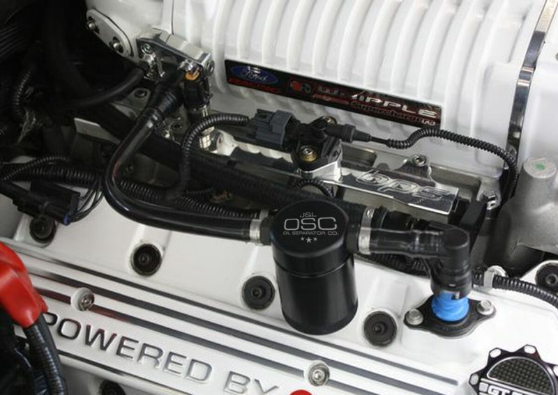 J&L 07-14 Ford Mustang GT500 Passenger Side Oil Separator 3.0 - Black Anodized - Black Ops Auto Works