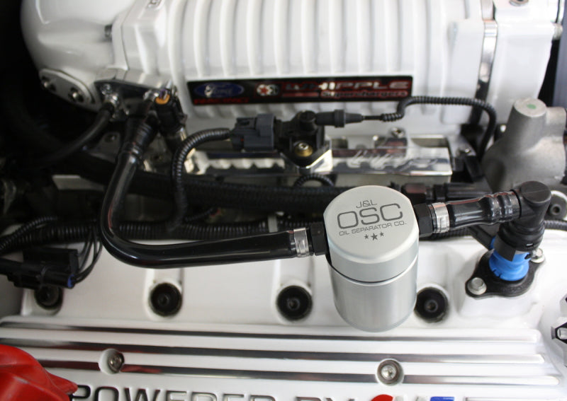 J&L 07-14 Ford Mustang GT500 Passenger Side Oil Separator 3.0 - Clear Anodized - Black Ops Auto Works