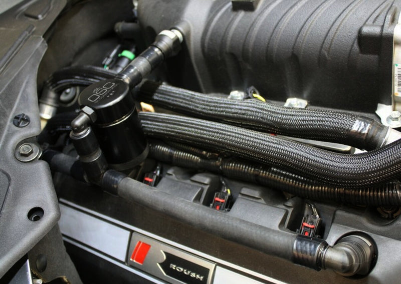 J&L 11-17 Ford Mustang GT (w/Roush/VMP S/C) Passenger Side Oil Separator 3.0 - Black Anodized - Black Ops Auto Works