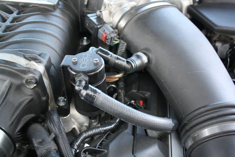 J&L 11-17 Ford Mustang GT (w/Roush/VMP Supercharger) Driver Side Oil Separator 3.0 - Black Anodized - Black Ops Auto Works