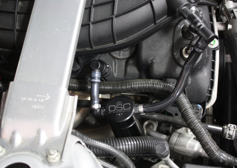J&L 11-17 Ford Mustang V6 Passenger Side Oil Separator 3.0 - Black Anodized - Black Ops Auto Works