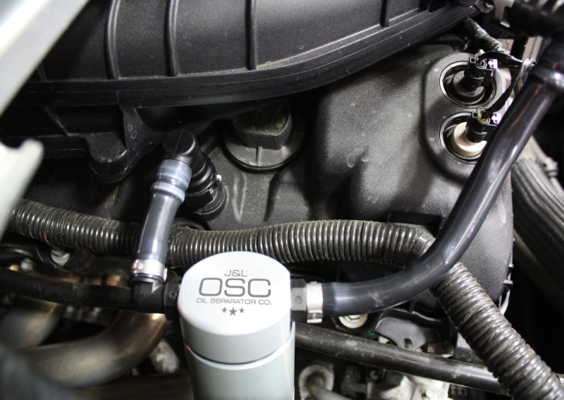 J&L 11-17 Ford Mustang V6 Passenger Side Oil Separator 3.0 - Clear Anodized - Black Ops Auto Works
