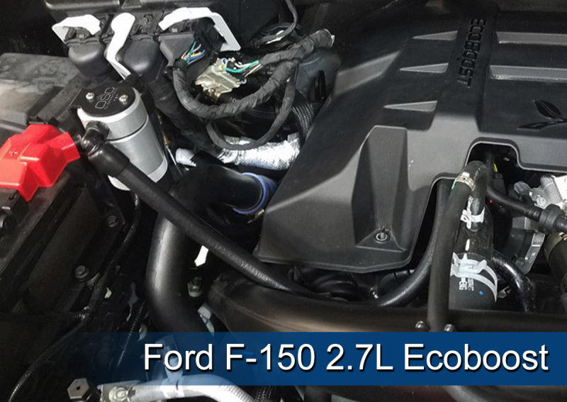 Clear anodized J&L oil catch can for Ford F-150 2.7L, 3.5L, and 5.0L engines